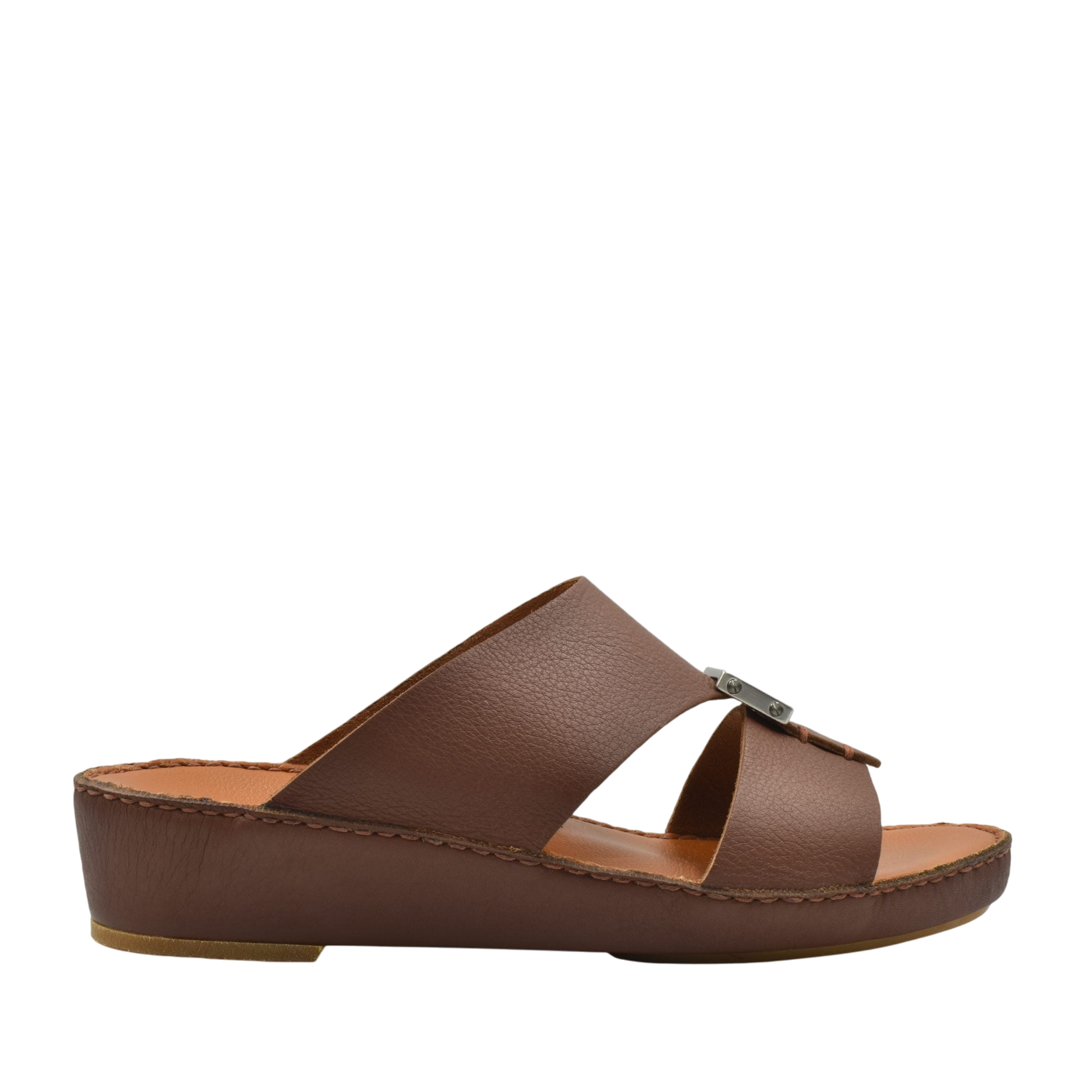 Brown metallic deercalf slides with wedge heel and leather straps from Private Collection