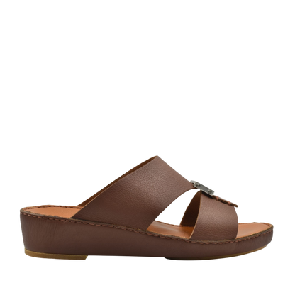 Brown metallic deercalf slides with wedge heel and leather straps from Private Collection