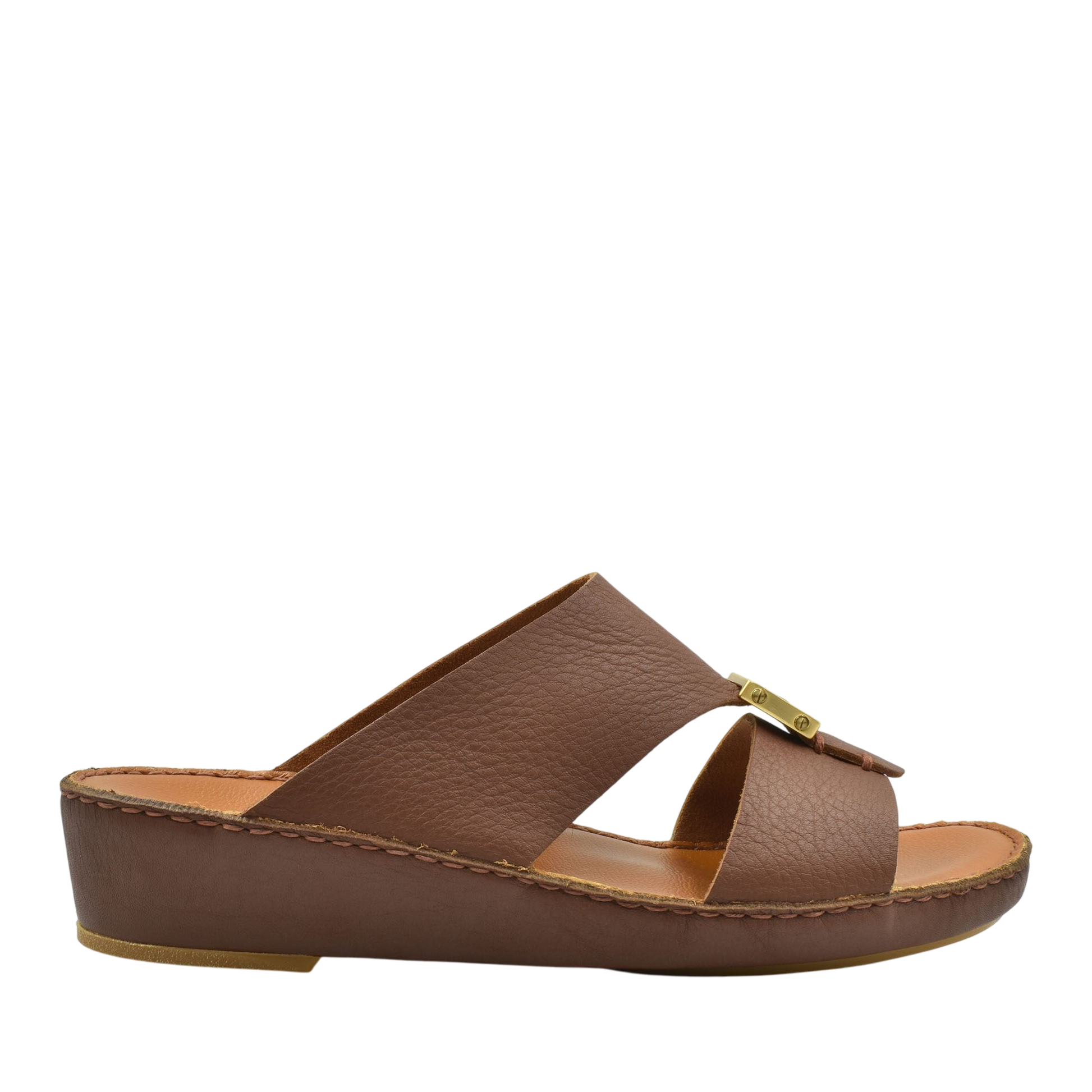 Brown metallic deercalf slides with a low wedge heel and open toe design from Private collection