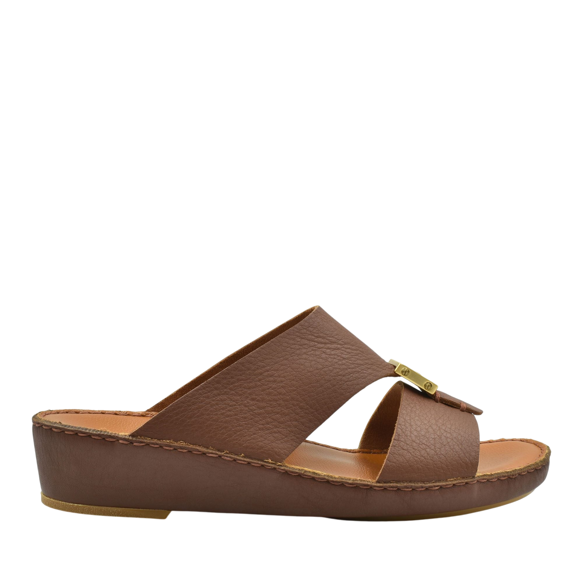Brown metallic deercalf slides with a low wedge heel and open toe design from Private collection
