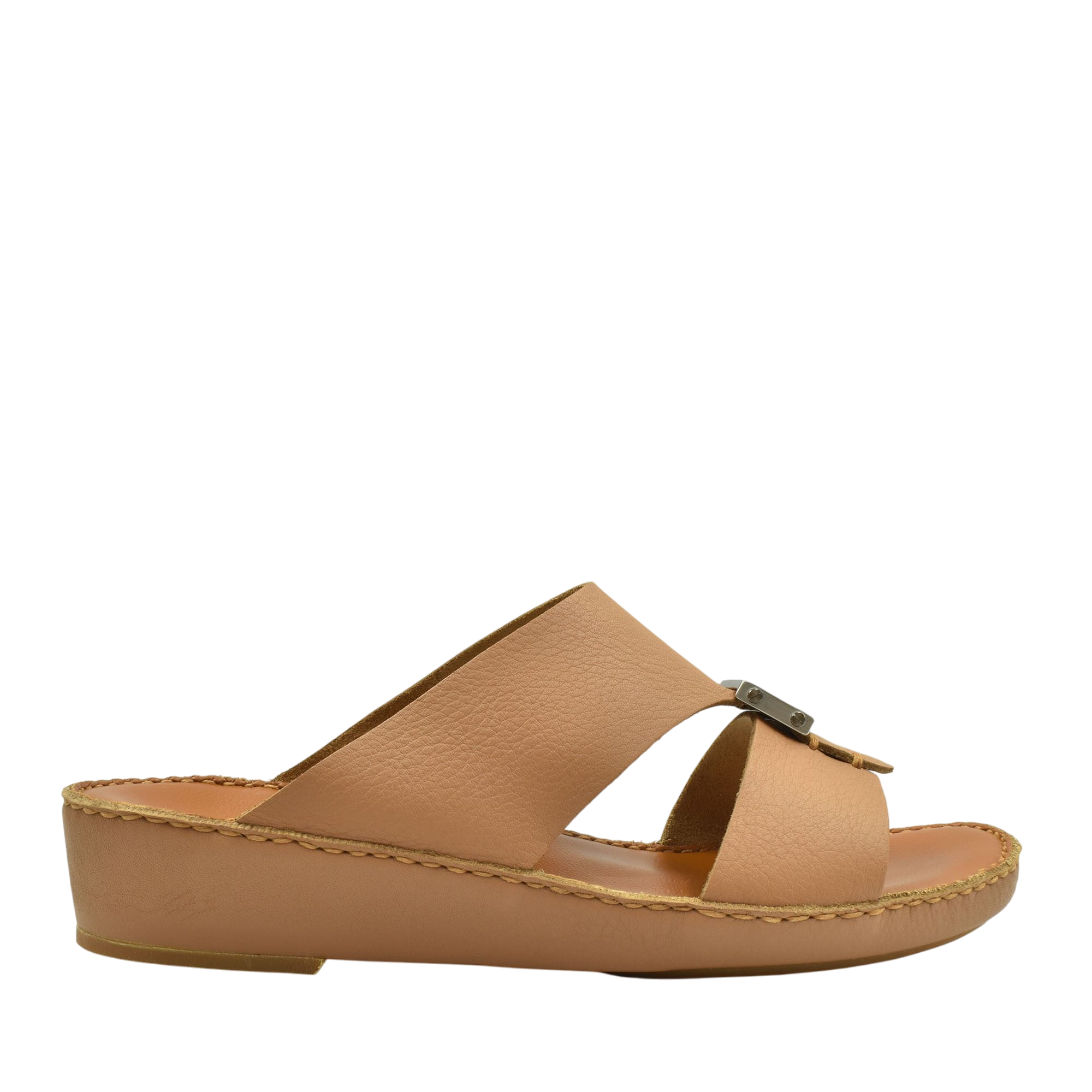 Tan variable metallic deercalf slides with open toe and decorative buckle from Private Collection