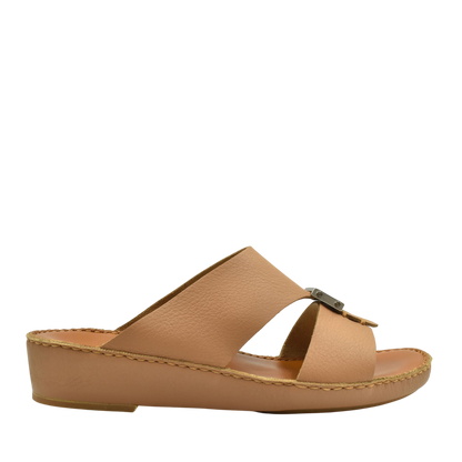 Tan variable metallic deercalf slides with open toe and decorative buckle from Private Collection
