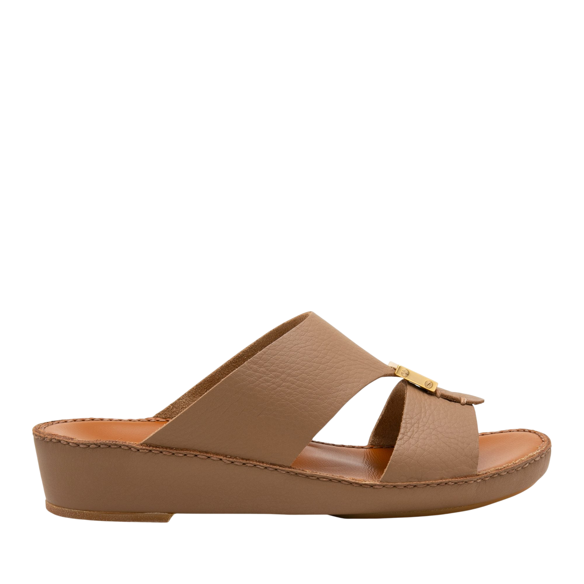 Side view of taupe leather metallic deercalf slides with open toe and low wedge heel