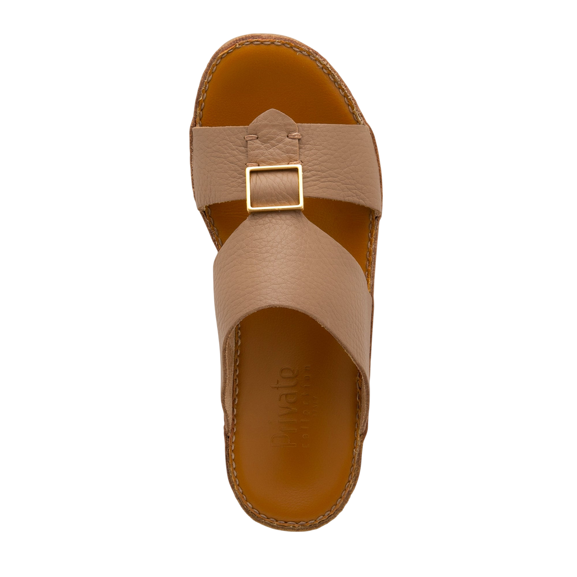 Top view of tan metallic deercalf slides with a gold buckle and stitched sole from private collection