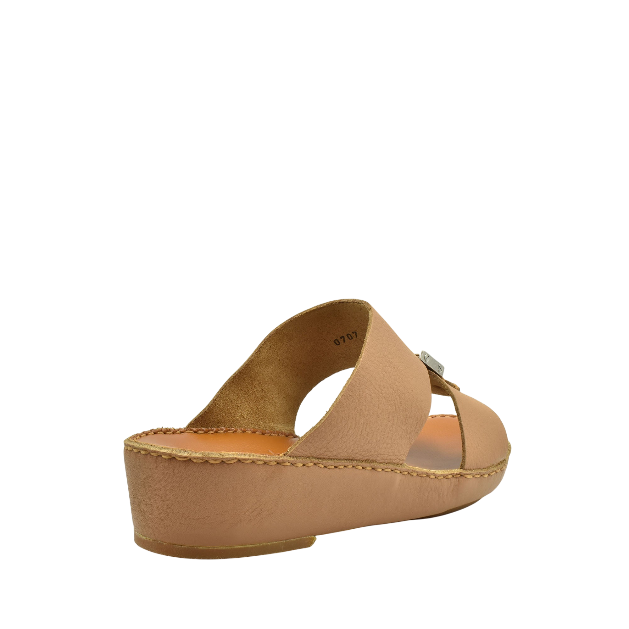 Tan leather metallic deercalf slides with a low wedge heel and open toe design
