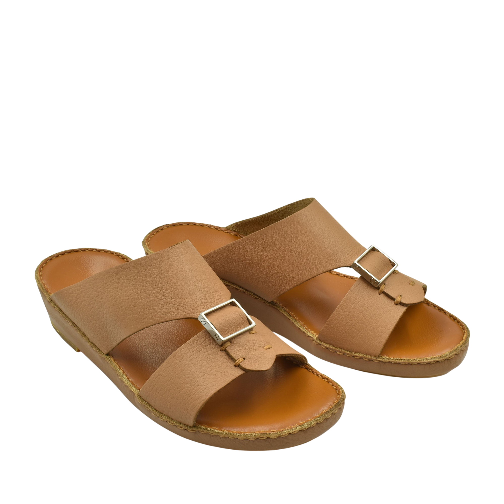 Tan metallic deercalf slides with adjustable buckle straps and cushioned footbed for comfort