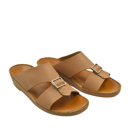 Tan metallic deercalf slides with adjustable buckle straps and cushioned footbed for comfort