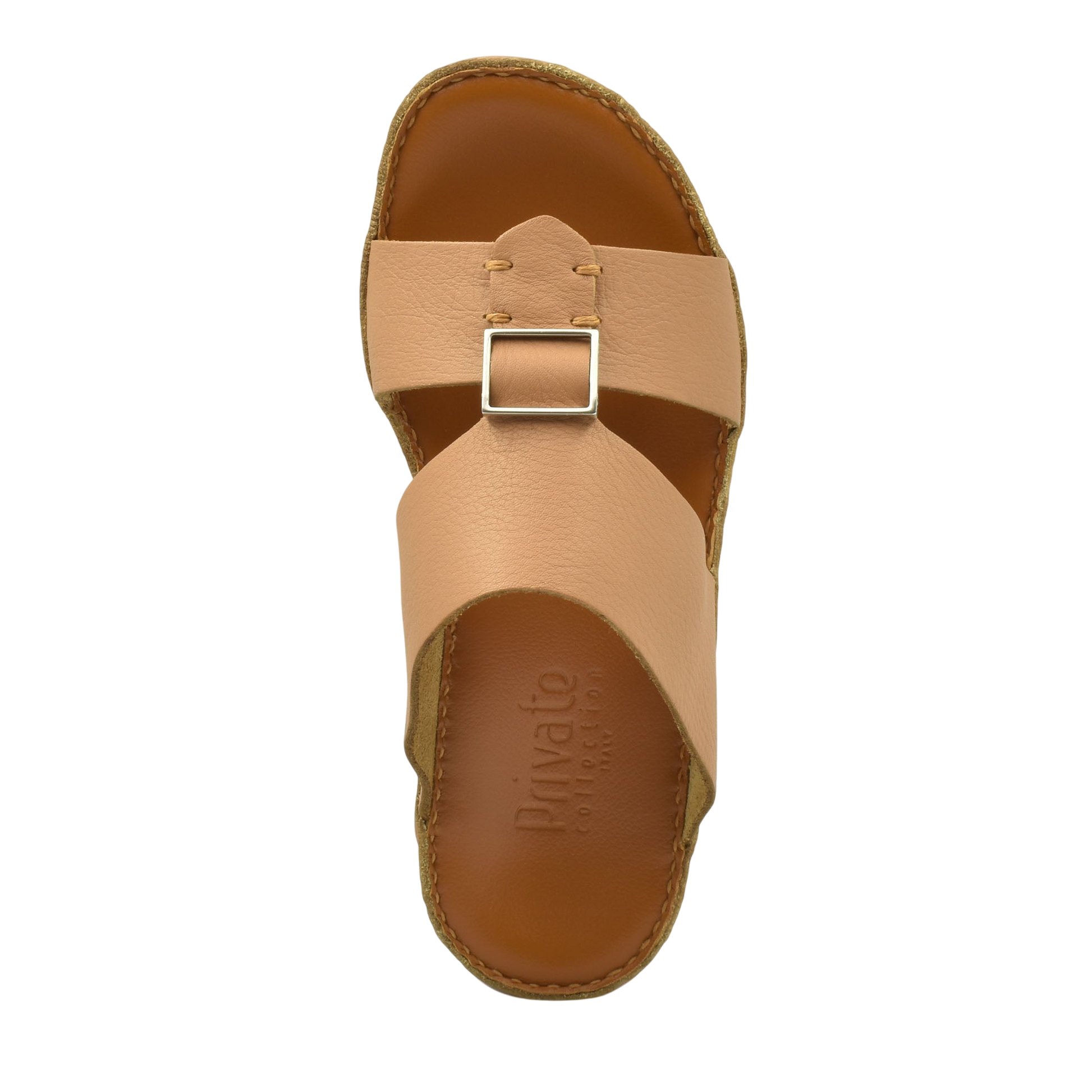 Top view of tan leather metallic deercalf slides with buckle and stitched sole from Private Collection