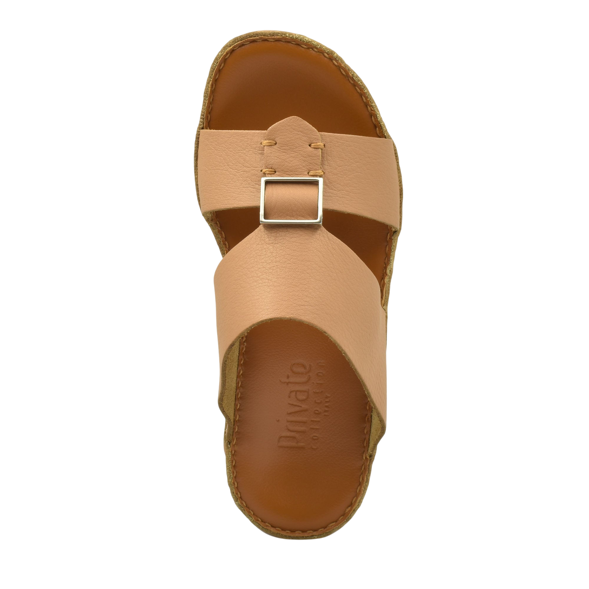 Top view of tan leather metallic deercalf slides with buckle and stitched sole from Private Collection