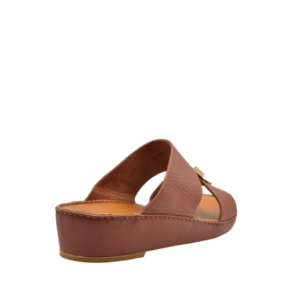 Brown leather open-toe wedge metallic deercalf slides with cushioned footbed and stitched details