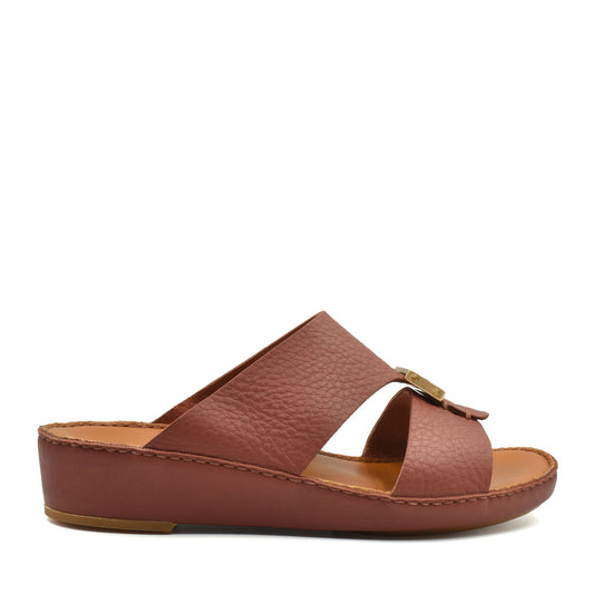 Brown leather metallic deercalf slides with open toe and cushioned sole from Private Collection