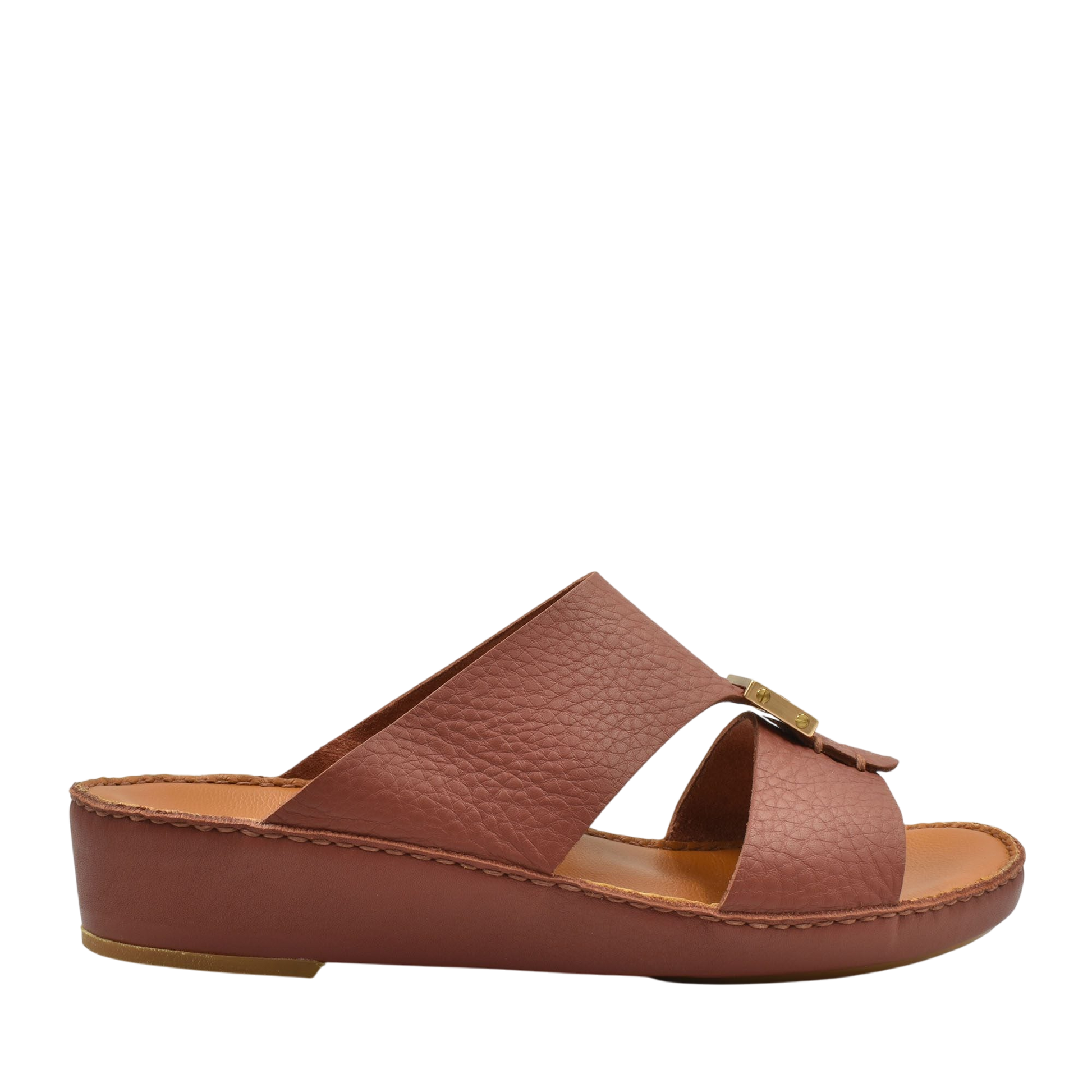 Brown leather metallic deercalf slides with open toe and cushioned sole from Private Collection
