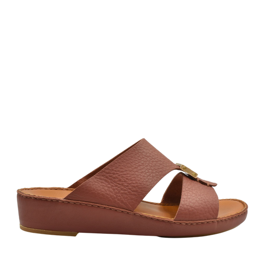 Brown leather metallic deercalf slides with open toe and cushioned sole from Private Collection