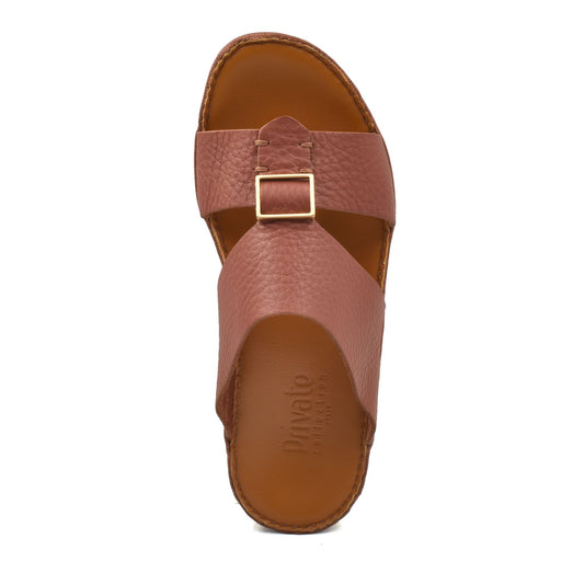 Brown metallic deercalf slides with textured leather straps and gold buckle from Private Collection