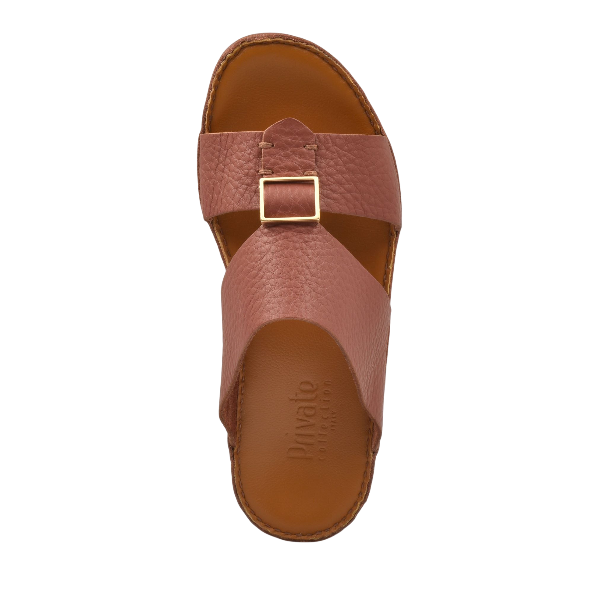 Brown metallic deercalf slides with textured leather straps and gold buckle from Private Collection