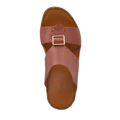 Brown metallic deercalf slides with textured leather straps and gold buckle from Private Collection