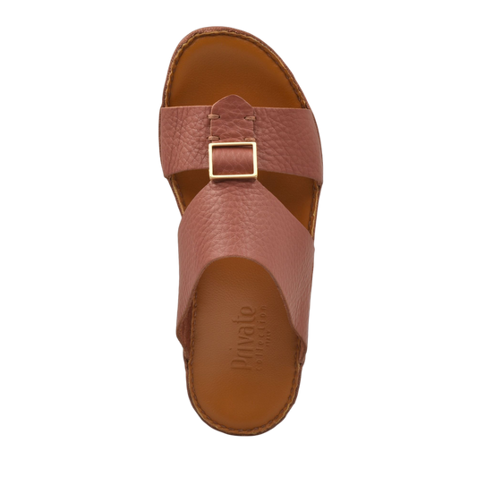 Brown metallic deercalf slides with textured leather straps and gold buckle from Private Collection