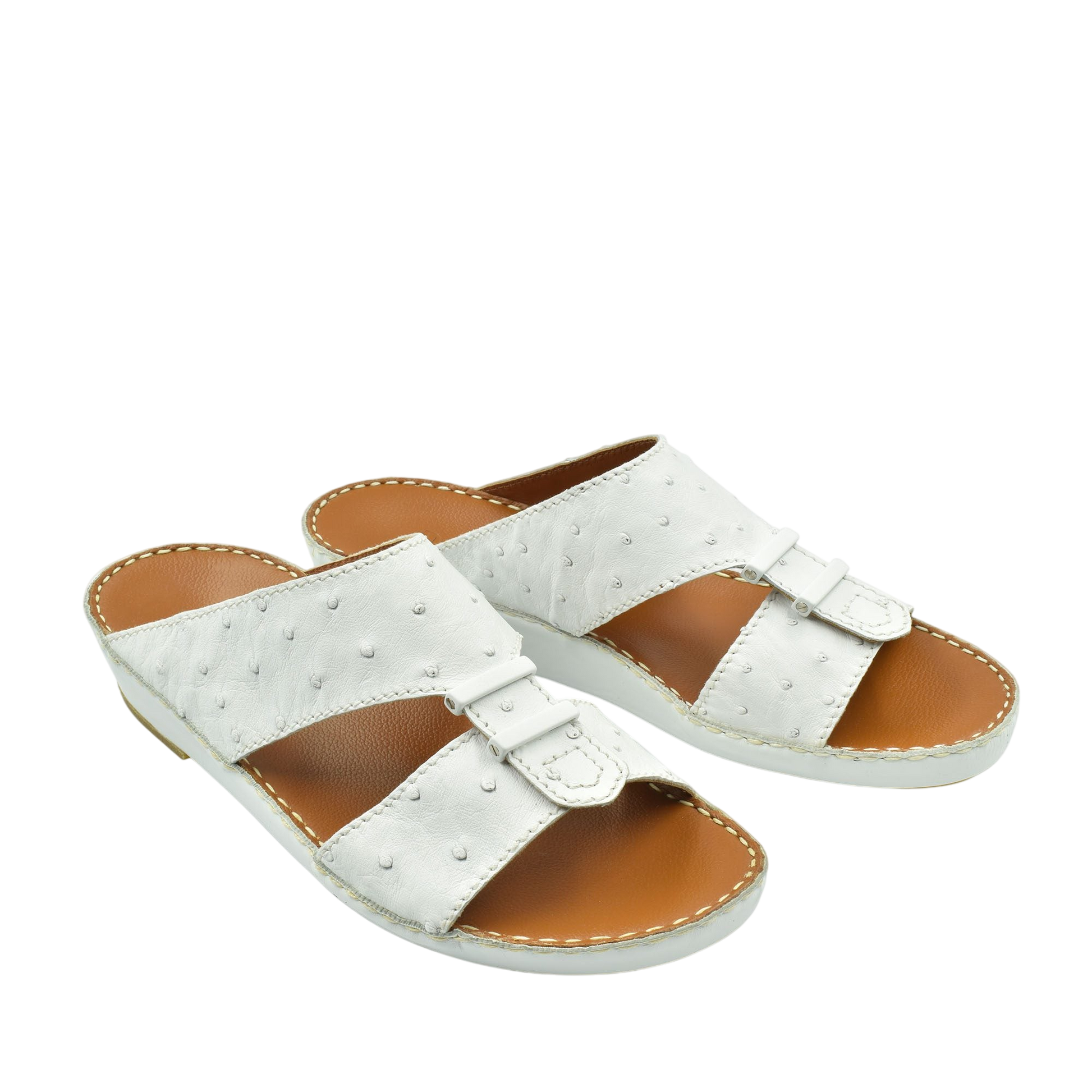 White ostrich leather sandals with adjustable straps and tan footbed from Private Collection