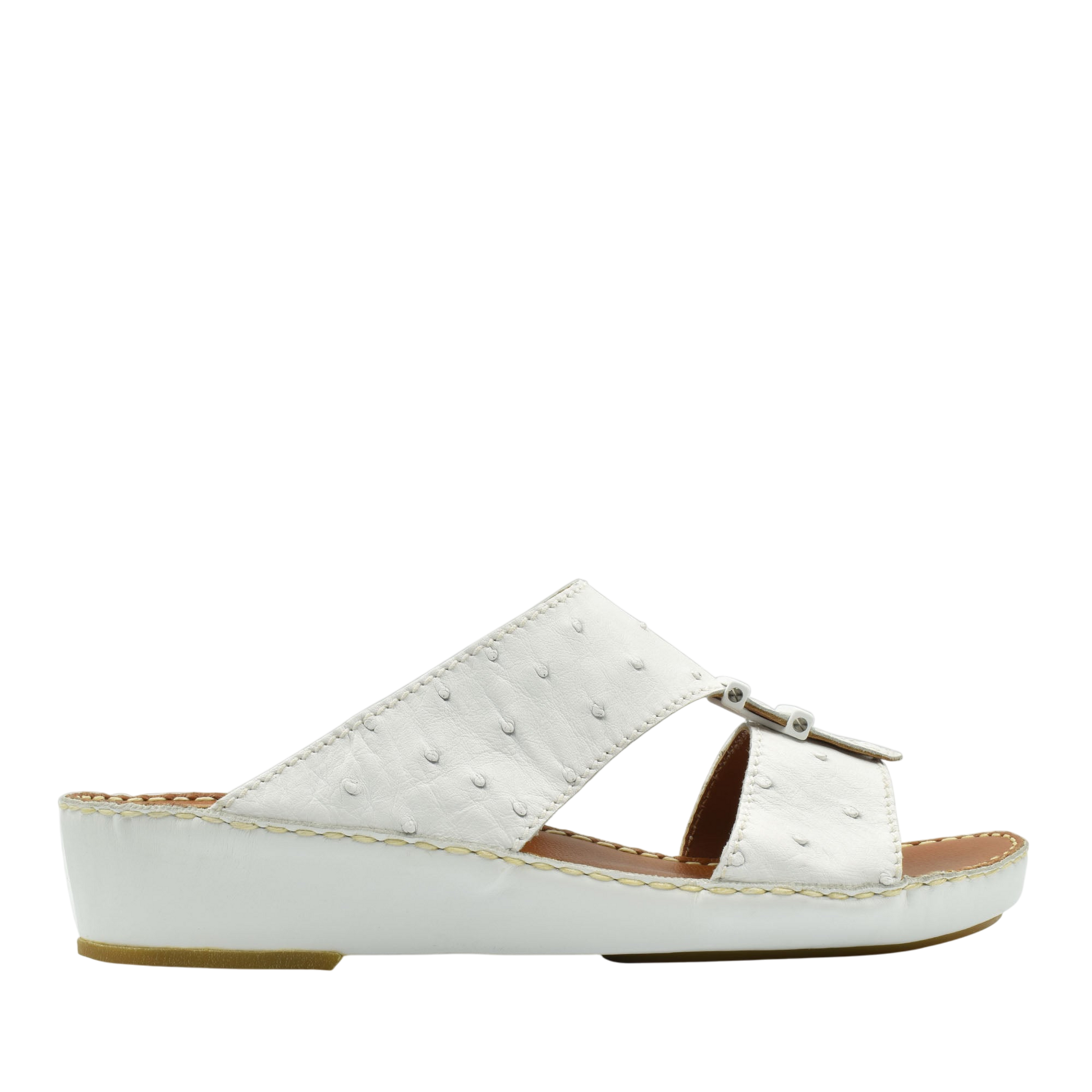 White ostrich leather sandals with wedge heel and adjustable buckle from Private Collection