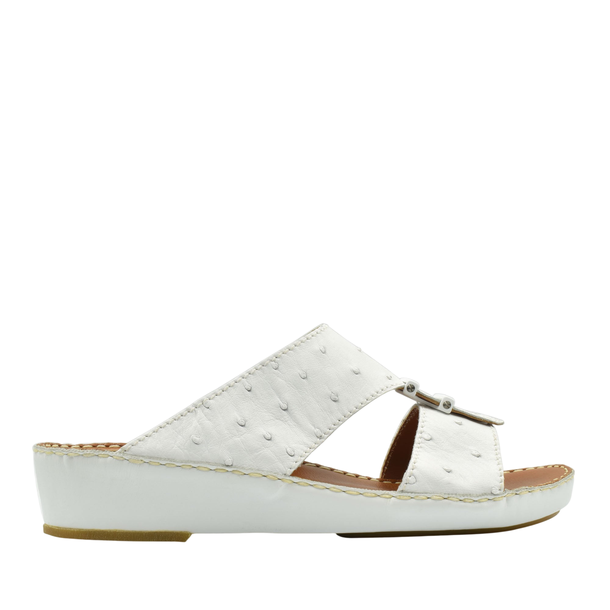 White ostrich leather sandals with wedge heel and adjustable buckle from Private Collection