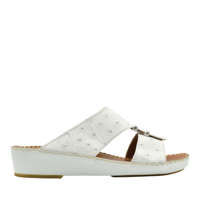 White ostrich leather sandals with wedge heel and adjustable buckle from Private Collection