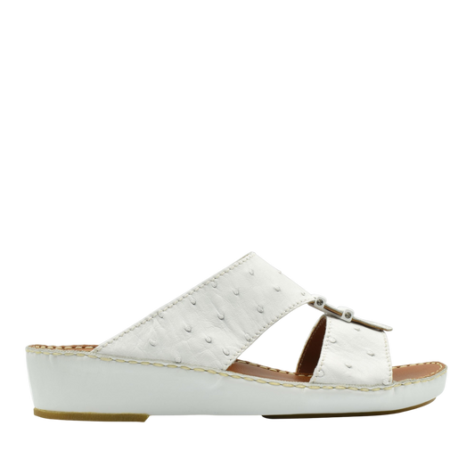White ostrich leather sandals with wedge heel and adjustable buckle from Private Collection