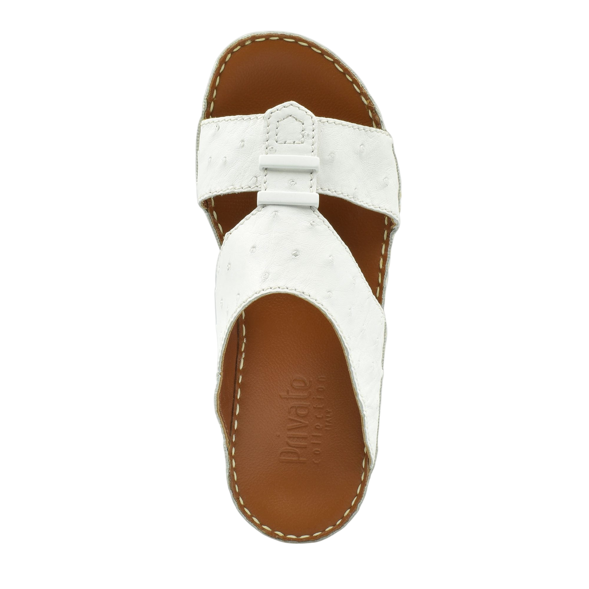 White ostrich leather sandals with brown cushioned footbed and stitched sole by Private Collection