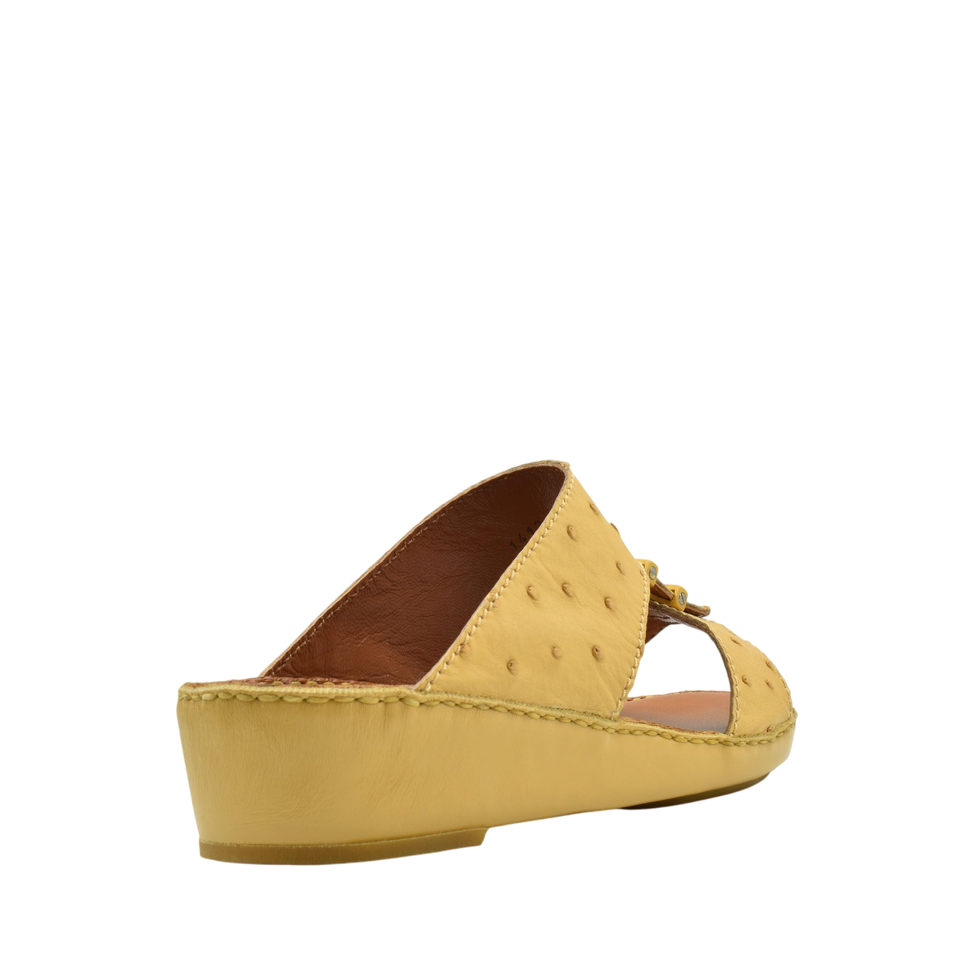 Yellow ostrich leather sandals with wedge heel and open toe design from Private Collection