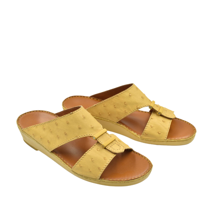 Private Collection beige ostrich leather sandals with open toe and low wedge heel