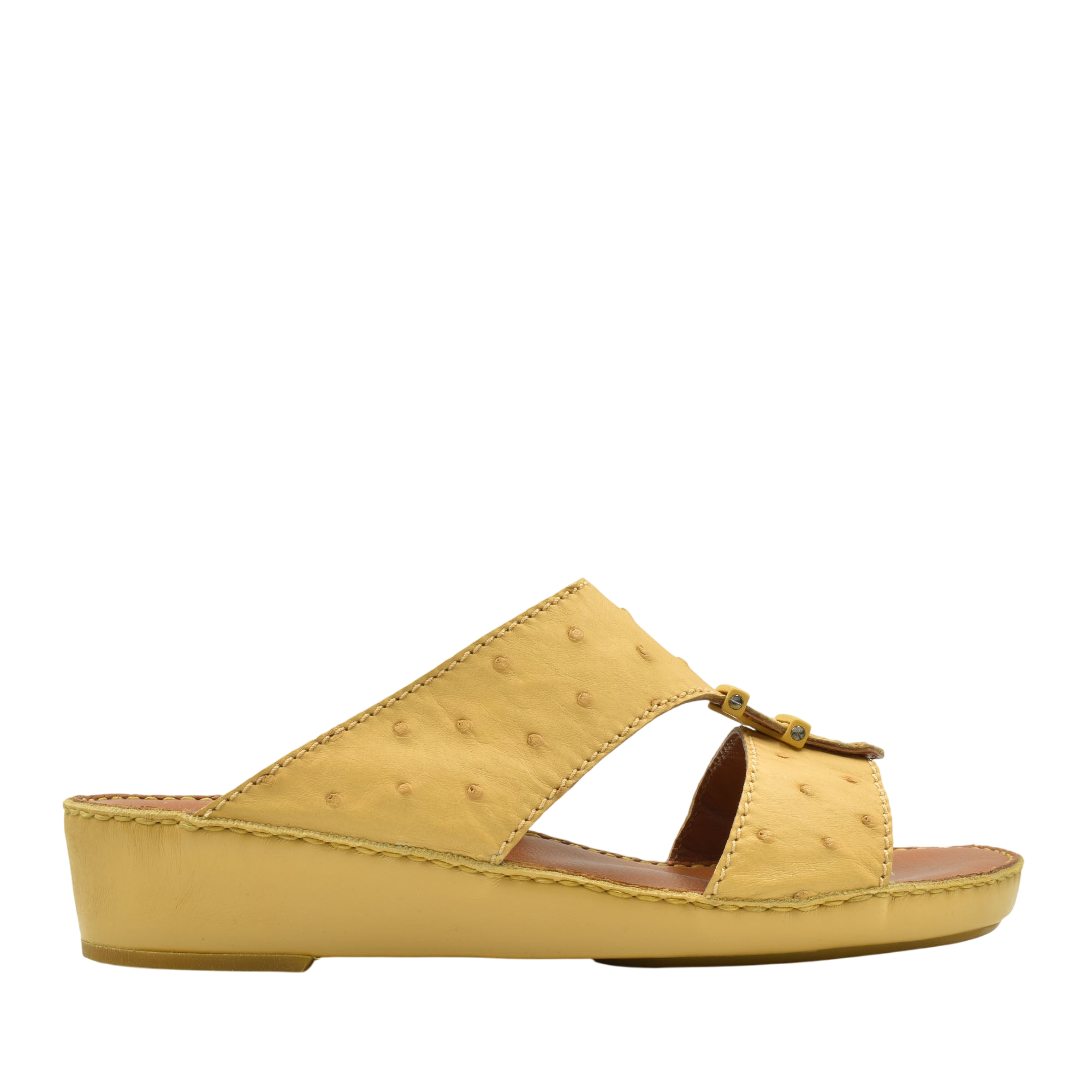 Yellow ostrich leather sandals with open toe and low wedge heel from Private Collection