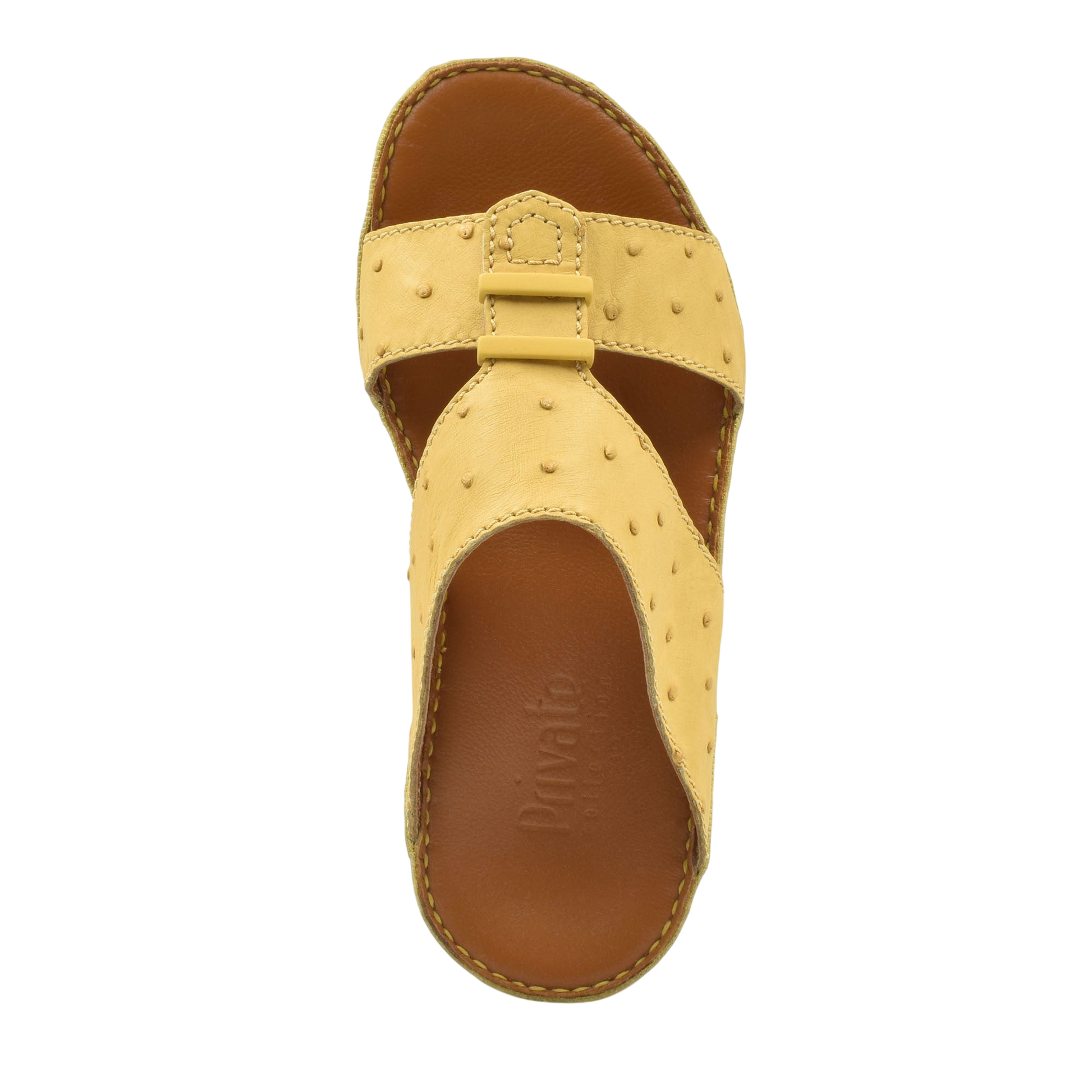Private Collection beige ostrich leather sandals with open toe and stitched sole design