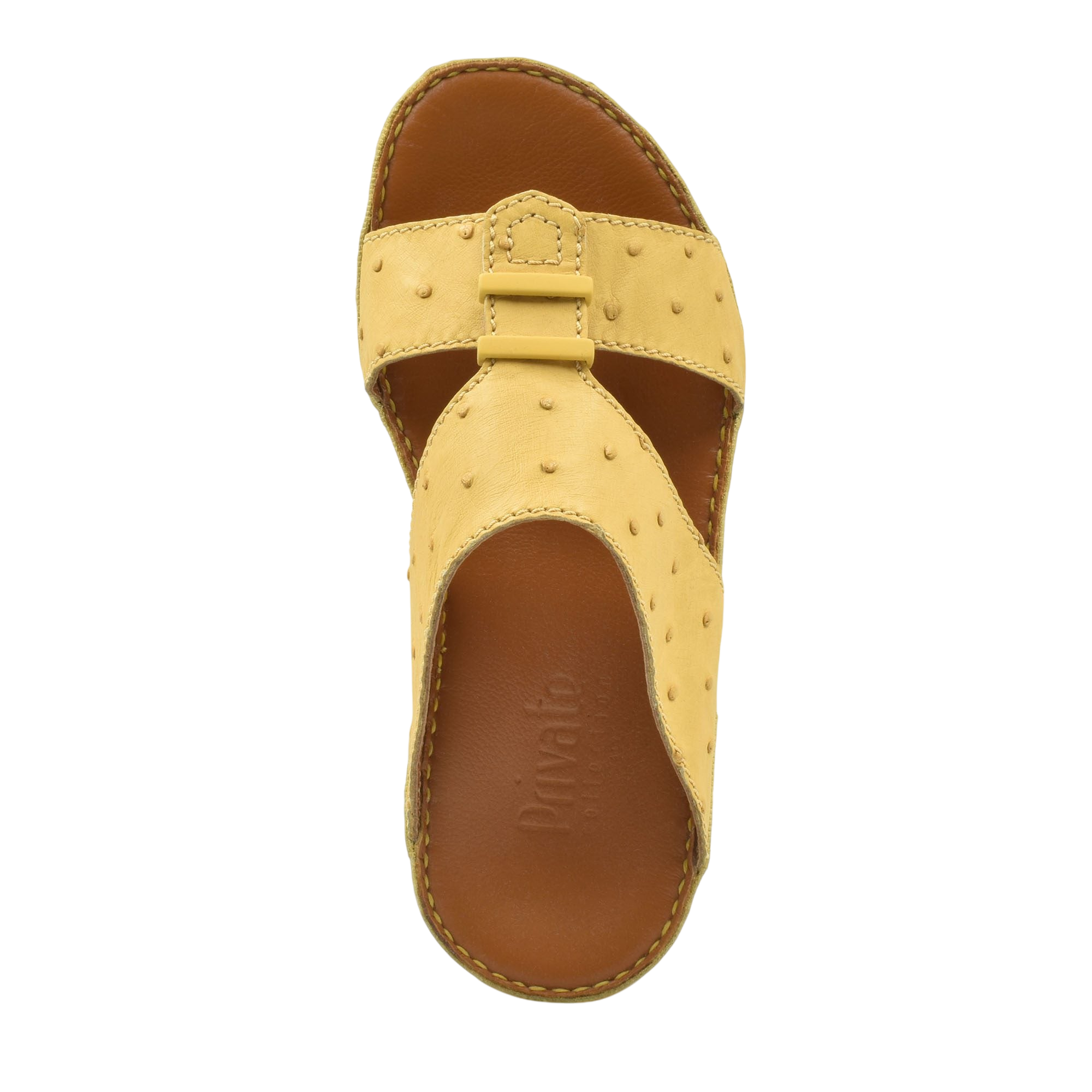 Private Collection beige ostrich leather sandals with open toe and stitched sole design