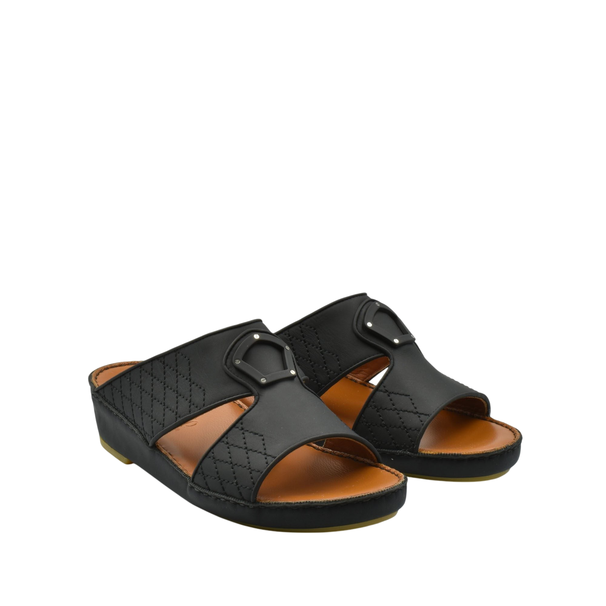 Black premium slip-on sandals with quilted design and buckle detail on brown footbed