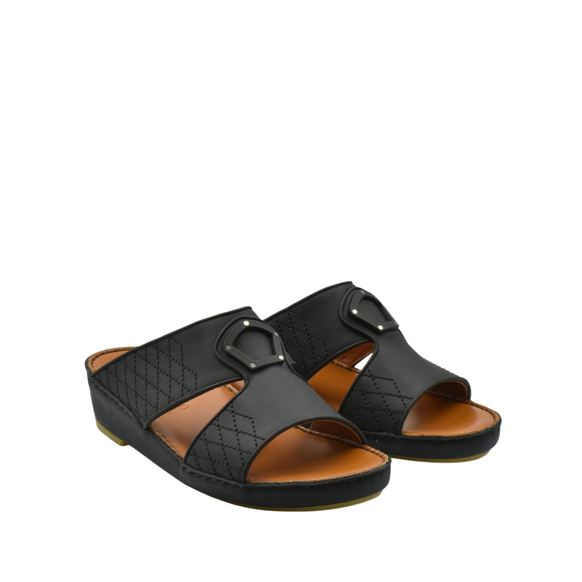 Black premium slip-on sandals with quilted design and buckle detail on brown footbed