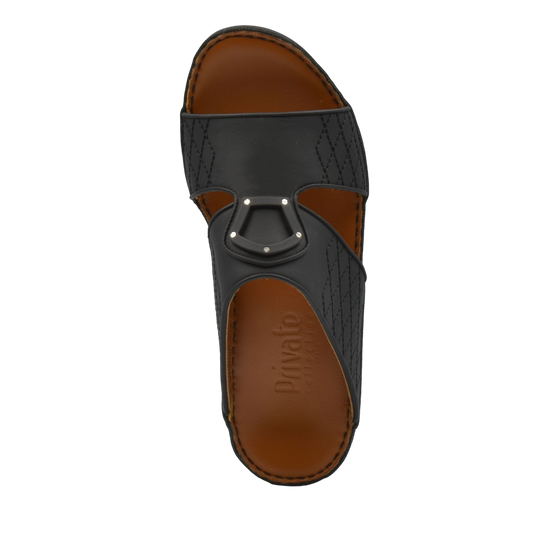 Black premium slip-on sandals with brown cushioned footbed and decorative metal buckle