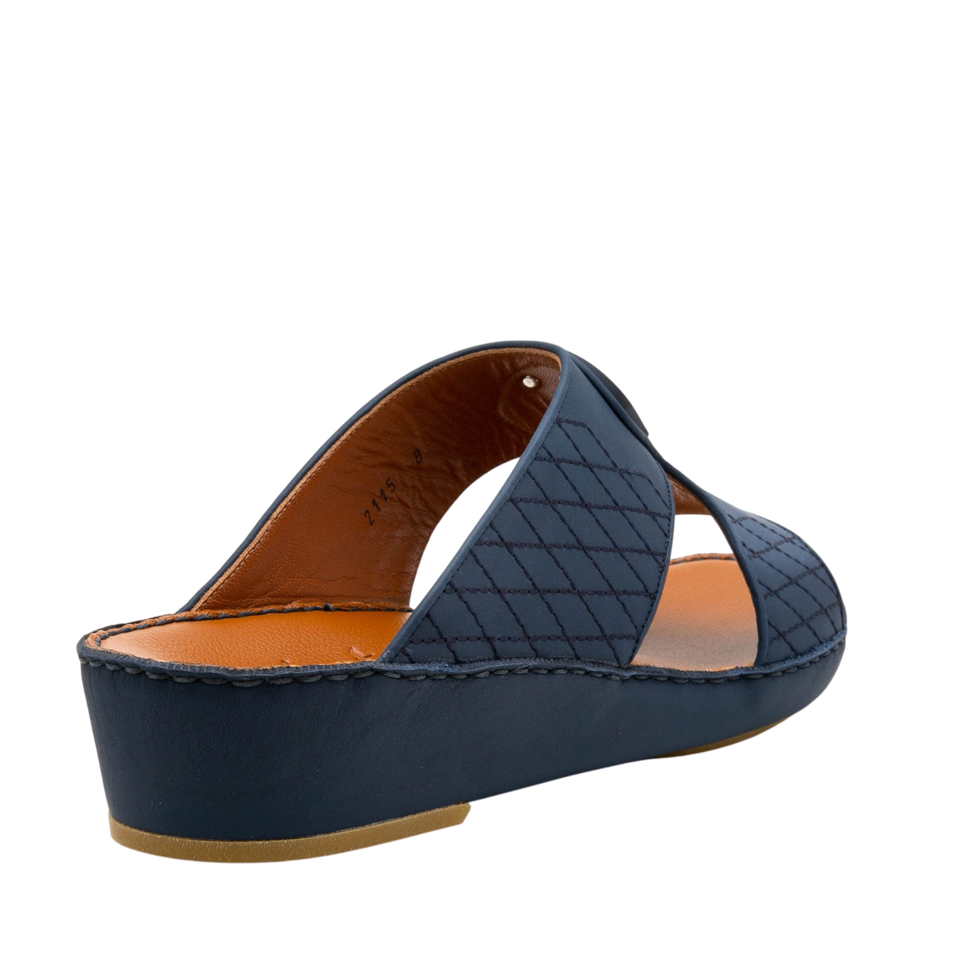 Navy blue premium slip-on sandals with crisscross quilted straps and cushioned sole