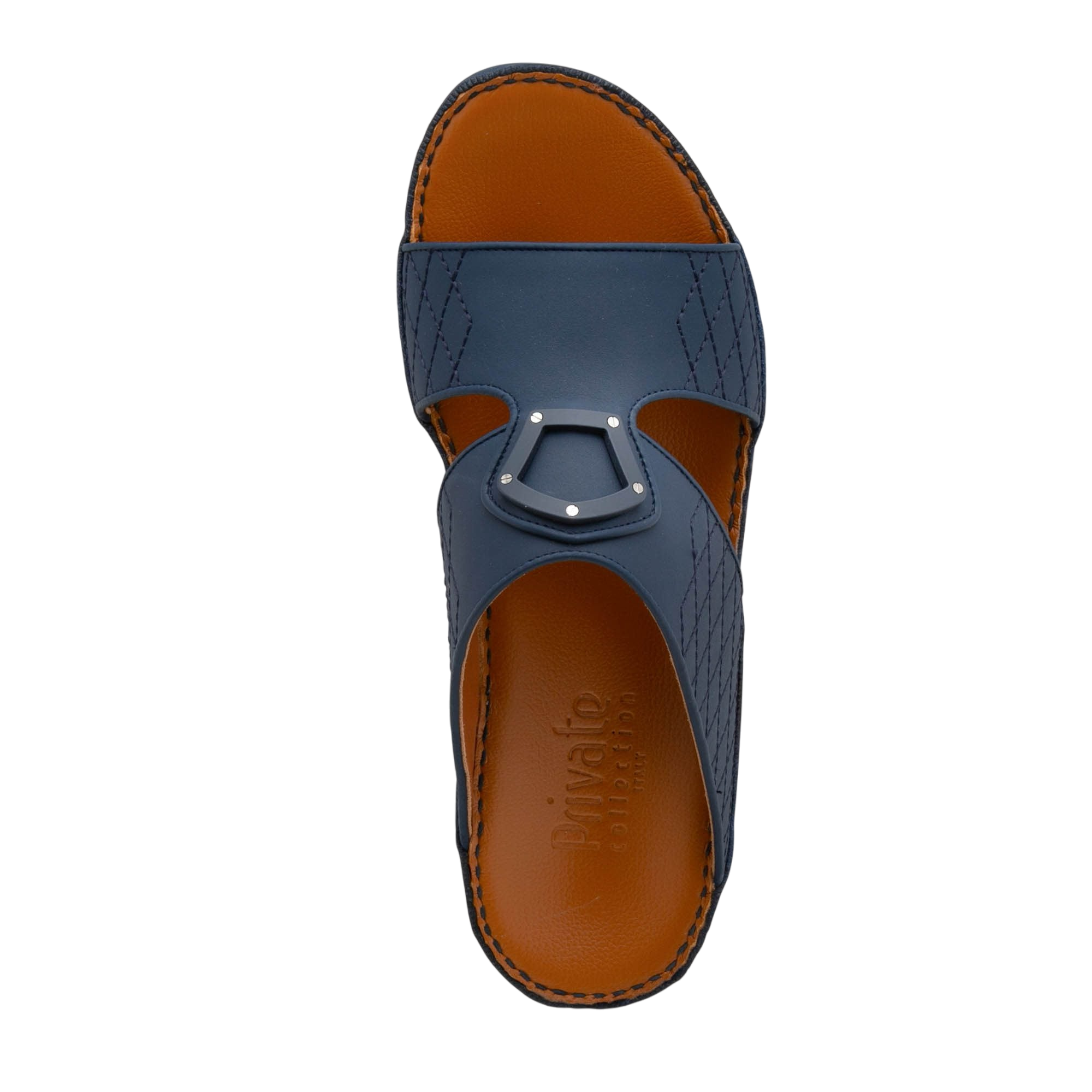 Blue premium slip-on sandals with brown cushioned footbed and detailed stitching from Private Collection