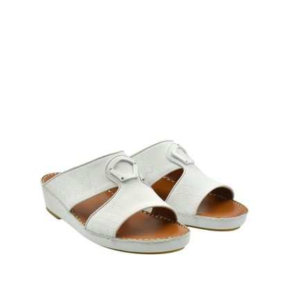 White premium slip-on sandals with open toe and buckle detail from private collection