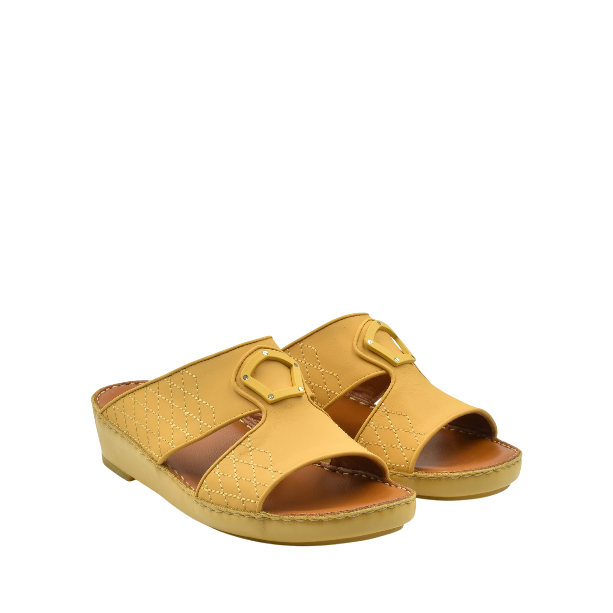 Yellow premium slip-on sandals with stitched detail and decorative buckle from Private Collection