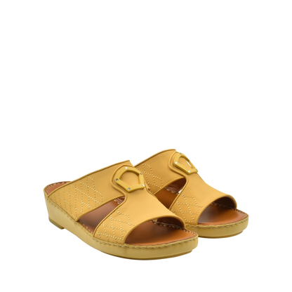 Yellow premium slip-on sandals with stitched detail and decorative buckle from Private Collection