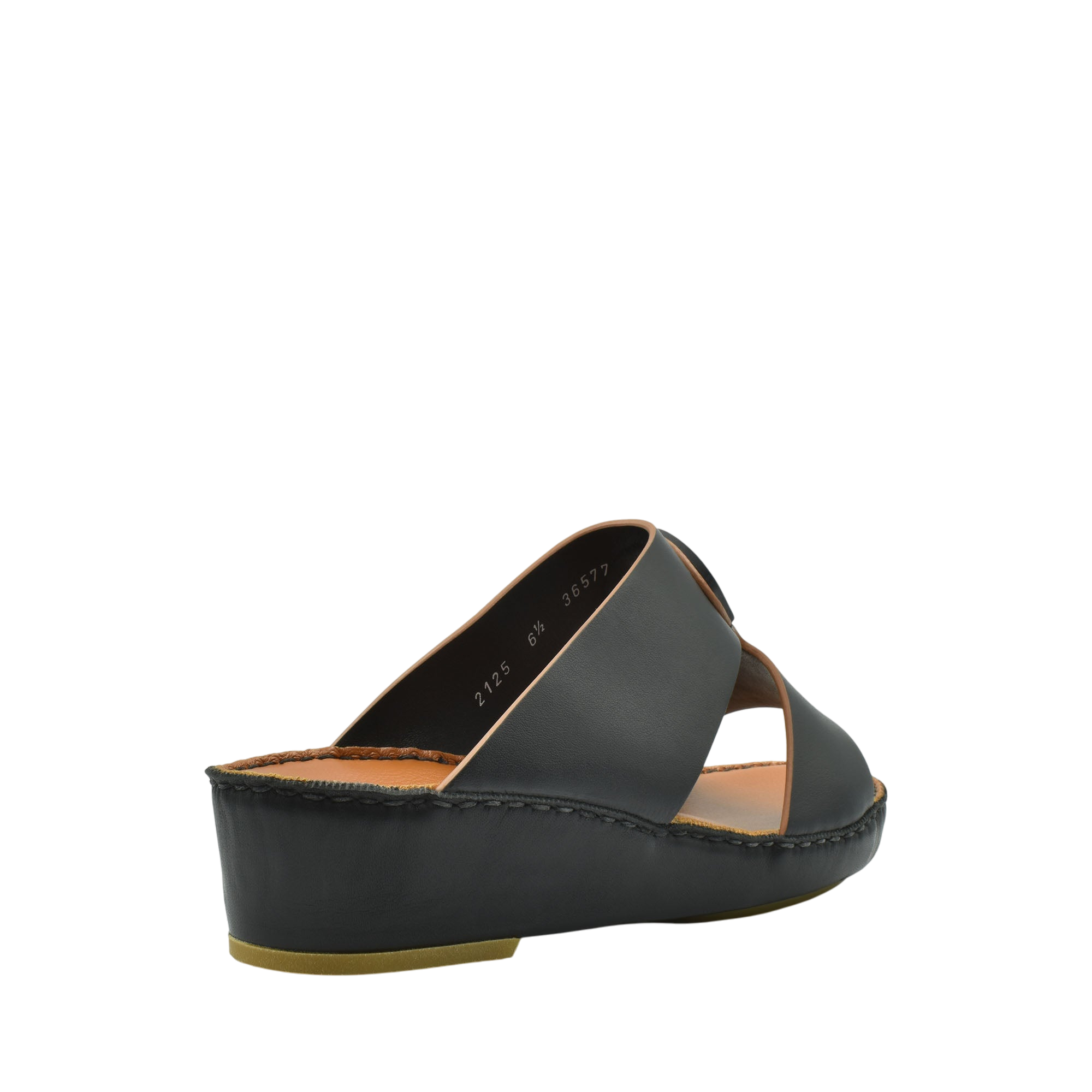 Black natural leather slide shoes with cross straps and wedge sole for comfortable wear