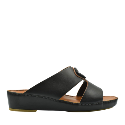 Black natural leather slide shoes with cushioned sole and open toe design for casual wear