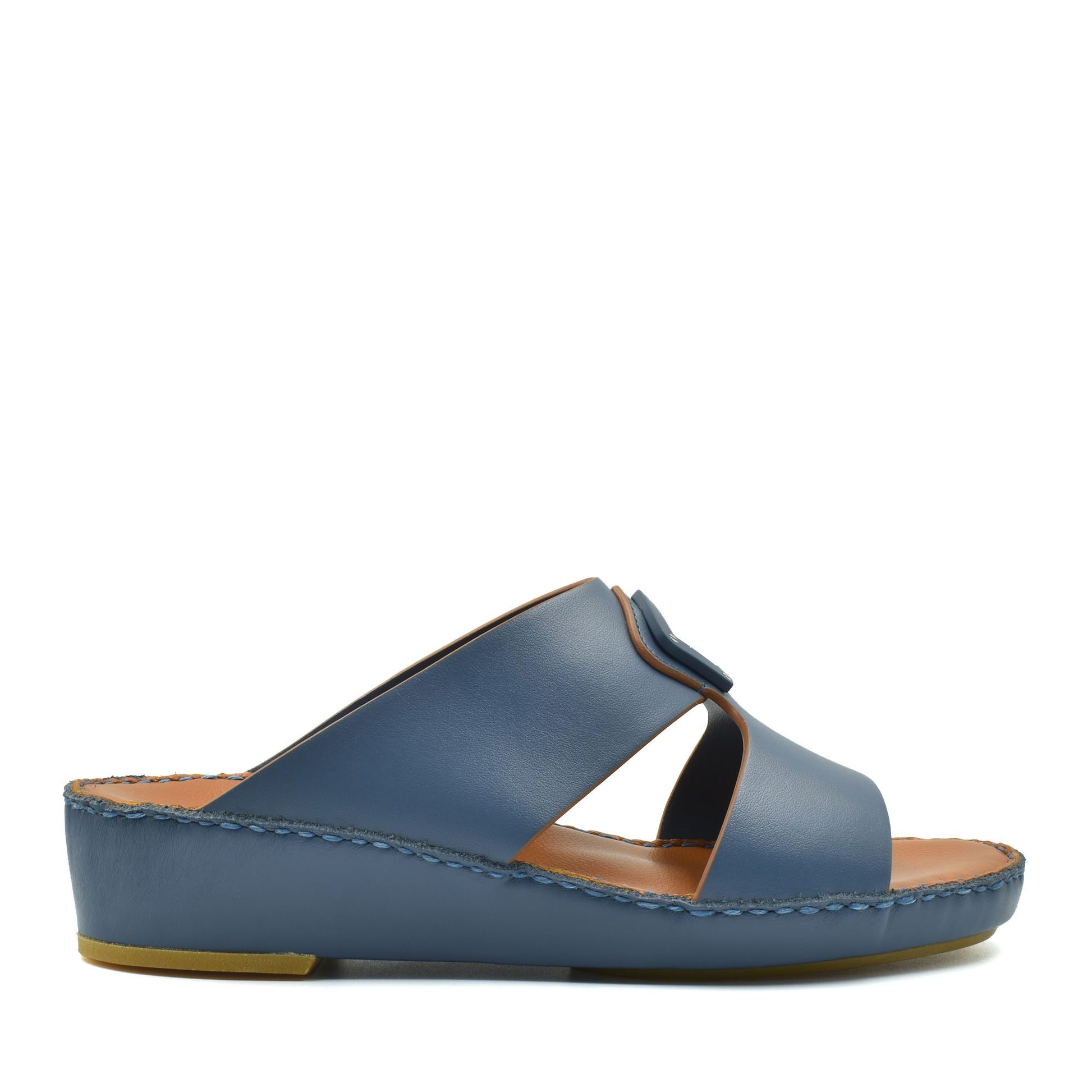 Blue natural leather slide shoes with open toe and cushioned sole for comfortable wear