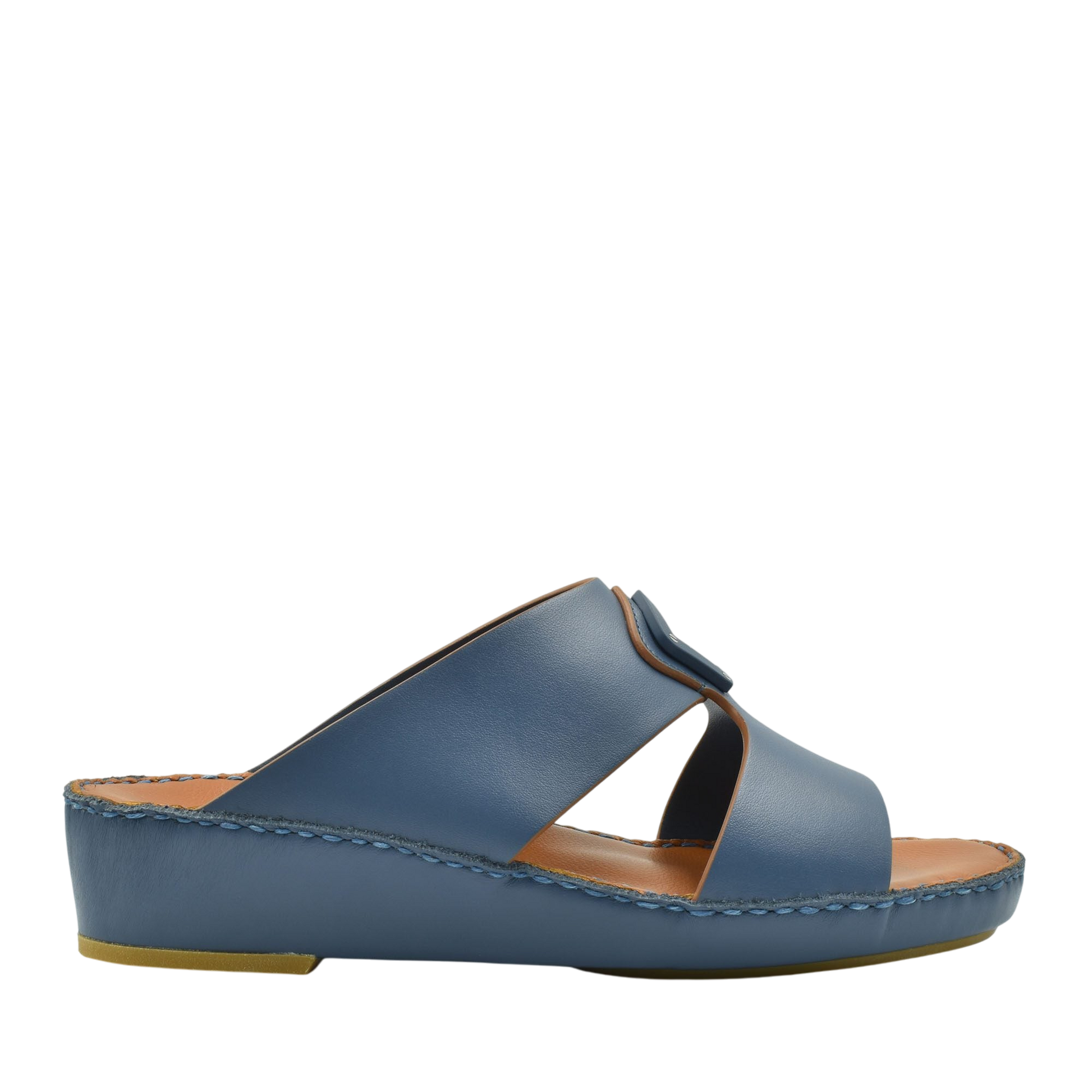 Blue natural leather slide shoes with open toe and cushioned sole for comfortable wear