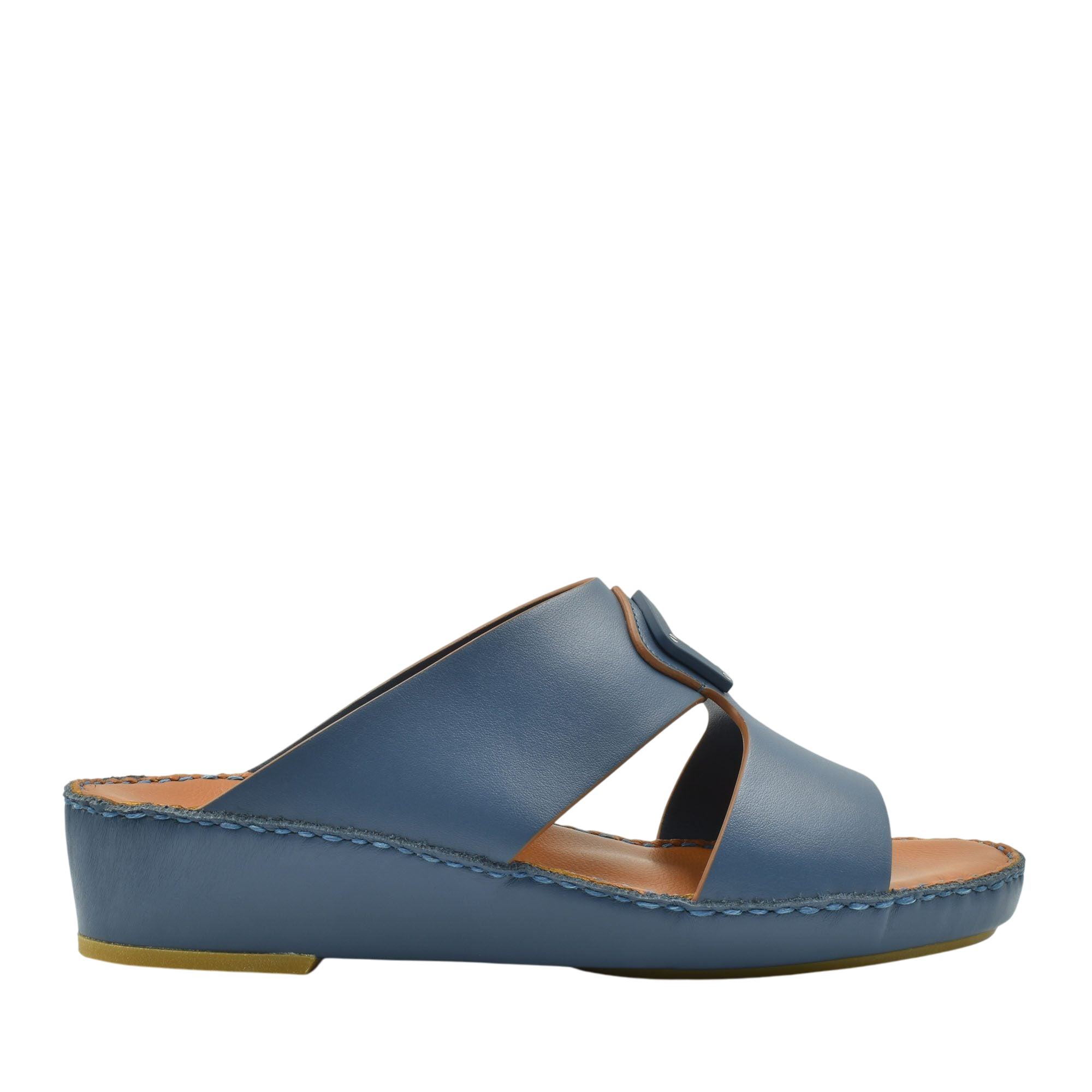 Blue natural leather slide shoes with open toe and cushioned sole for comfortable wear