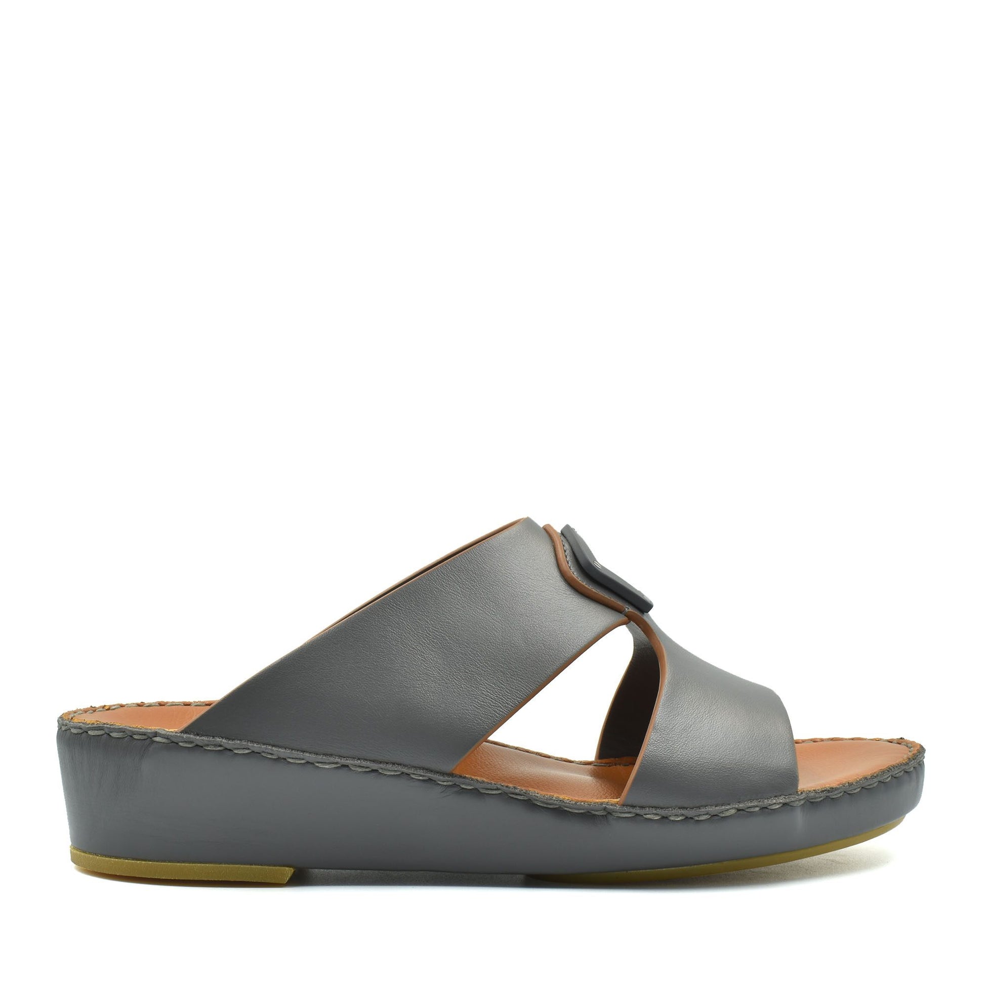 Gray natural leather slide shoes with cushioned sole and open toe design for comfortable wear