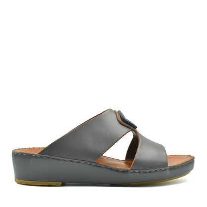 Gray natural leather slide shoes with cushioned sole and open toe design for comfortable wear
