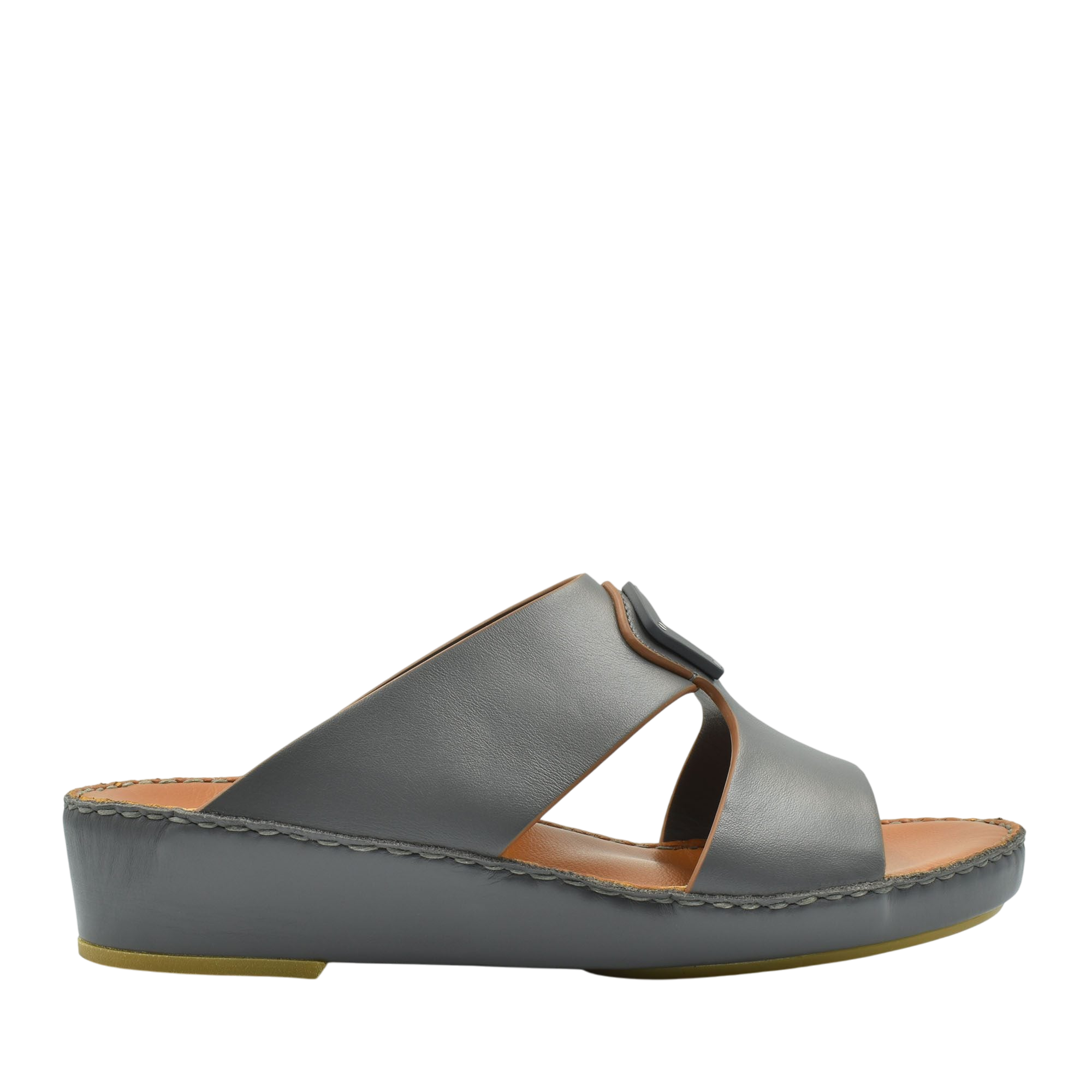 Gray natural leather slide shoes with cushioned sole and open toe design for comfortable wear