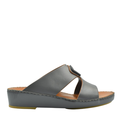 Gray natural leather slide shoes with cushioned sole and open toe design for comfortable wear