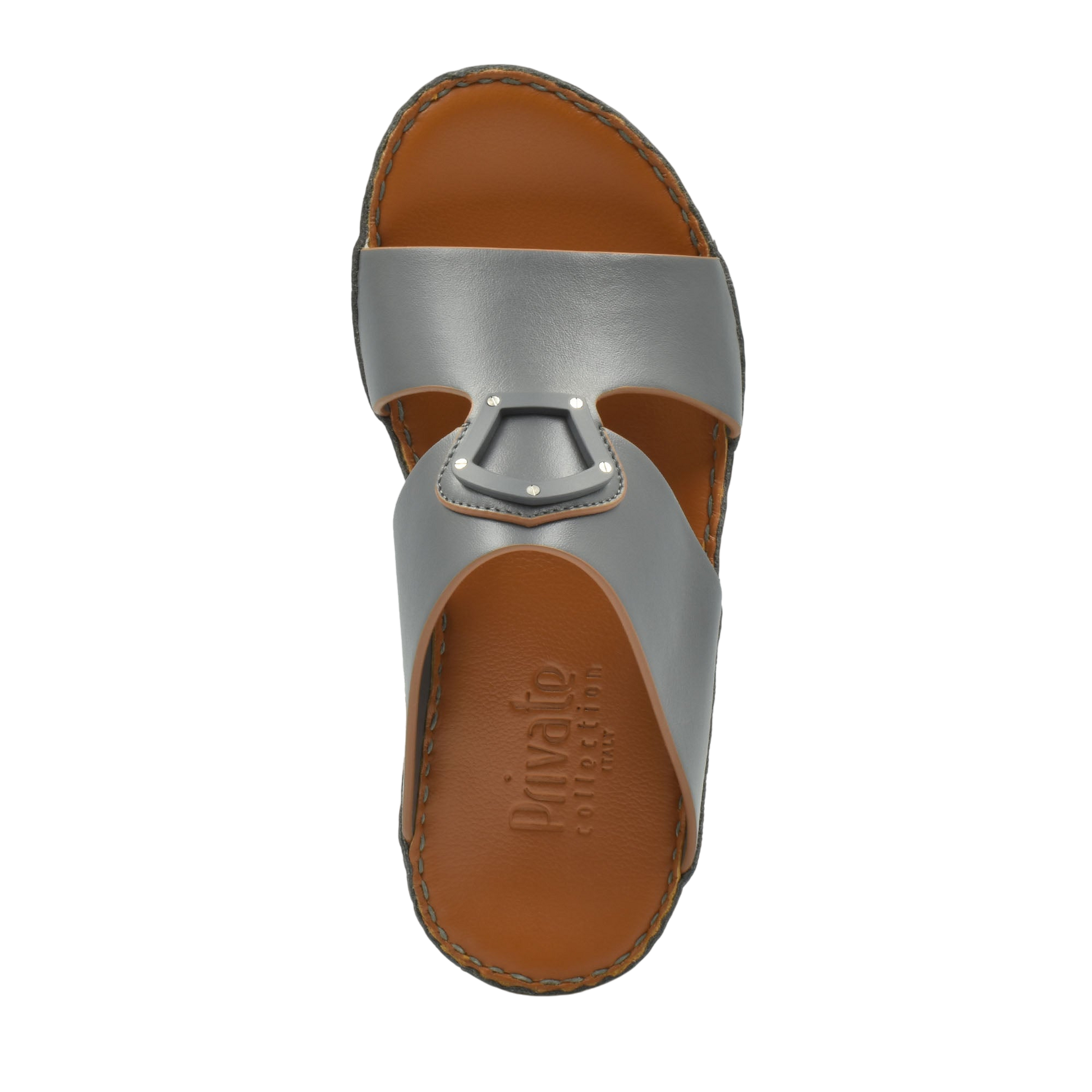 Top view of natural leather slide shoes in gray with brown footbed from Private collection